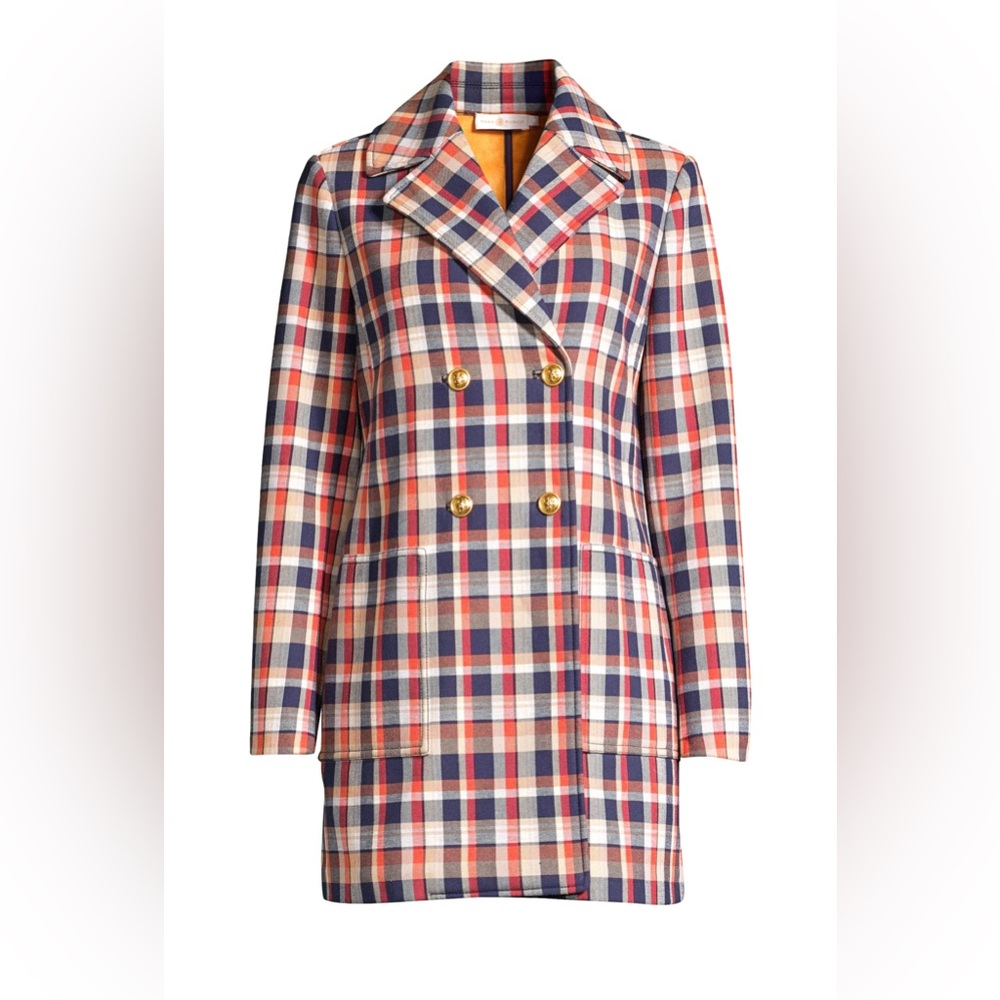 Tory Burch Plaid Jacquard Double-Breasted Peacoat Size Small